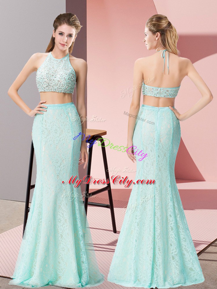 Halter Top Sleeveless Evening Dress Floor Length Beading Apple Green Lace