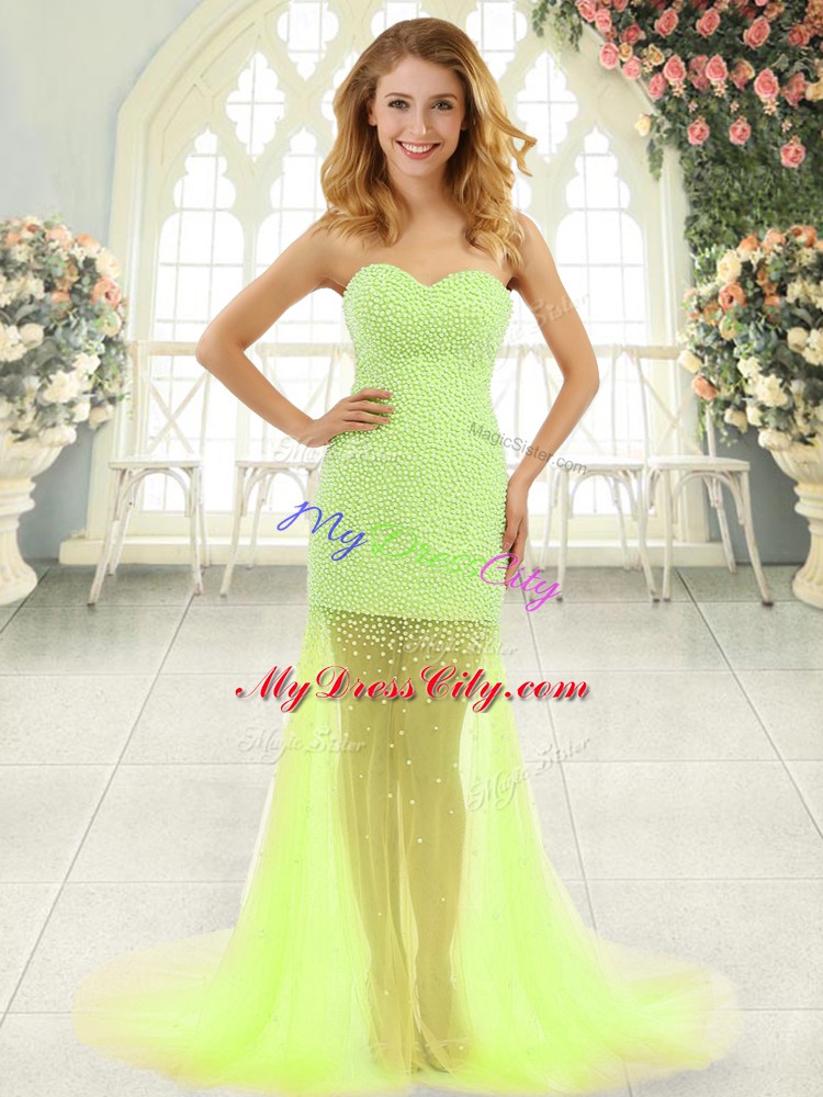 Sophisticated Yellow Green Zipper Sweetheart Beading Evening Dress Tulle Sleeveless Brush Train