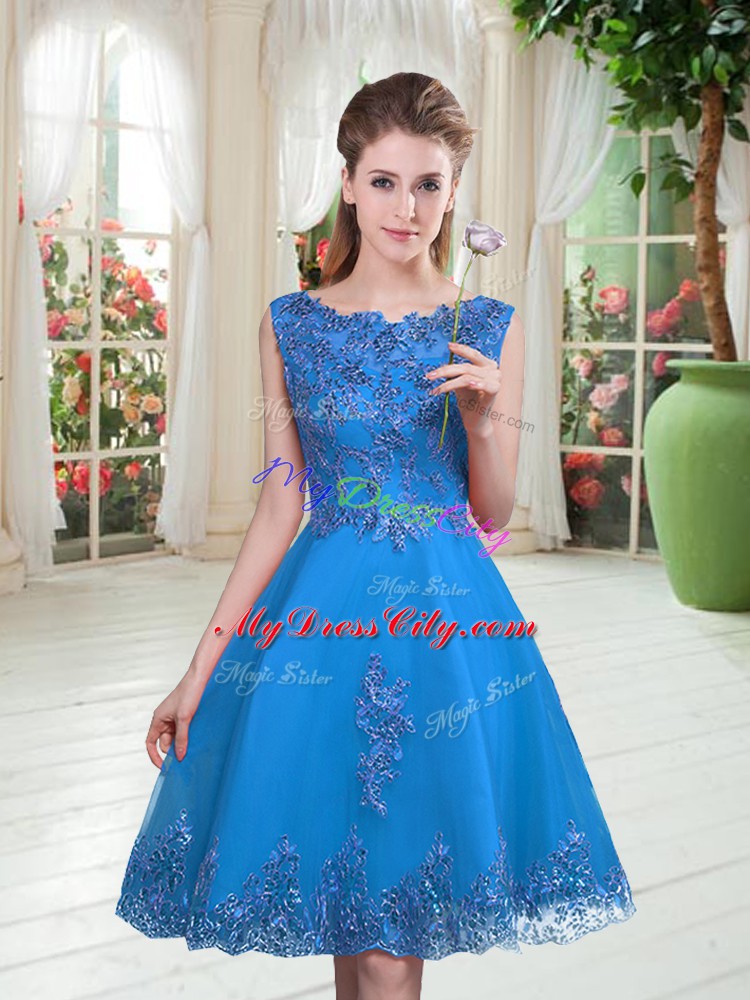 Knee Length Blue Prom Evening Gown Tulle Sleeveless Beading and Appliques