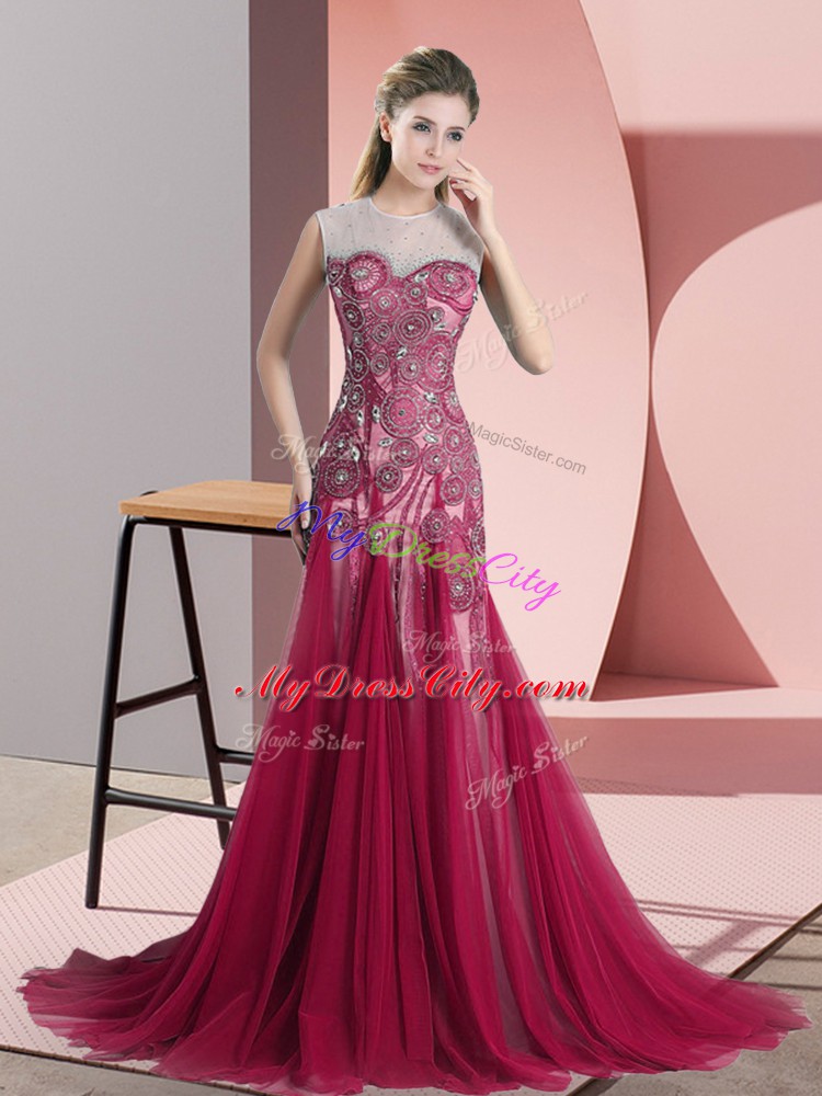 Hot Selling A-line Sleeveless Red Evening Party Dresses Sweep Train Backless