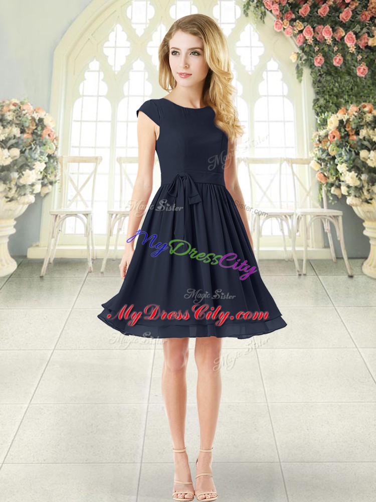 On Sale Black Chiffon Zipper Scoop Cap Sleeves Mini Length Prom Dress Belt