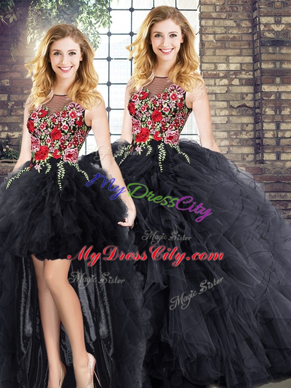 Black Ball Gowns Embroidery and Ruffles Ball Gown Prom Dress Zipper Sleeveless Floor Length