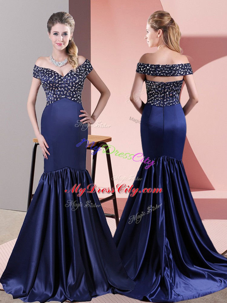 Attractive Blue Satin Sweep Train Sleeveless Beading