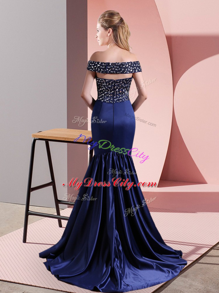 Attractive Blue Satin Sweep Train Sleeveless Beading