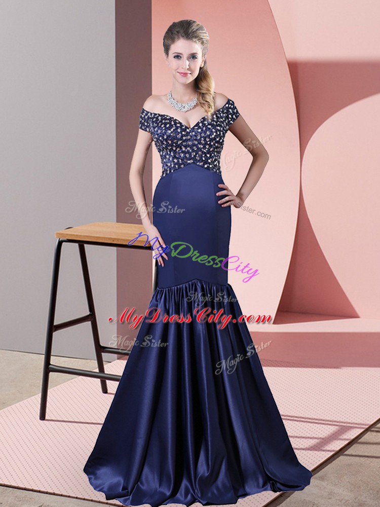 Attractive Blue Satin Sweep Train Sleeveless Beading