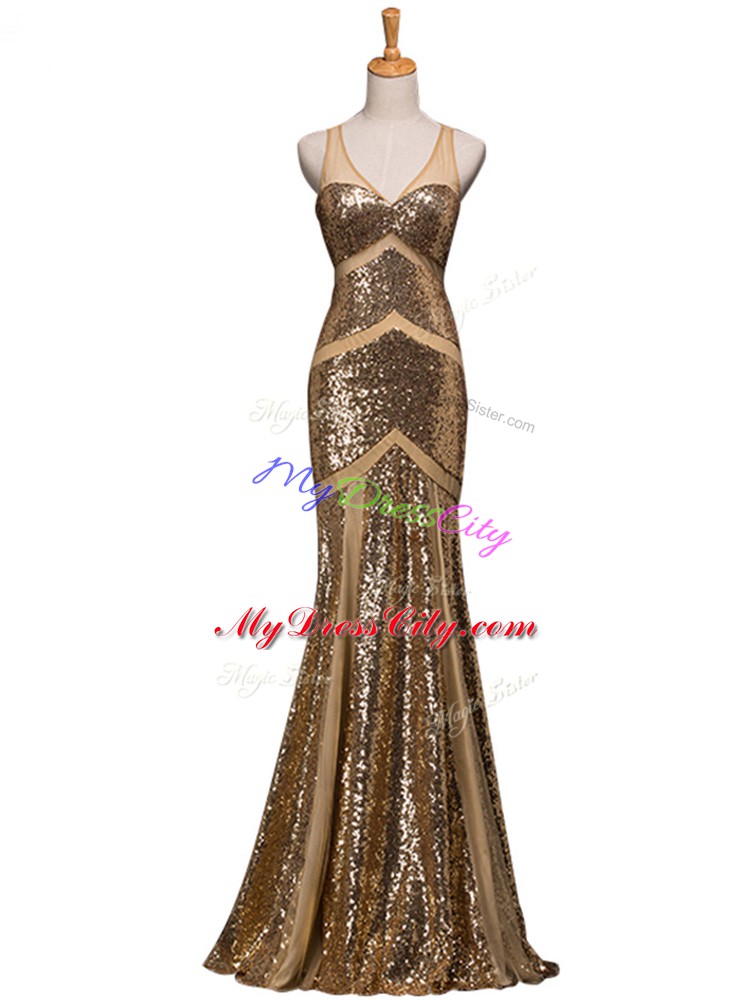 Brown Backless Prom Evening Gown Ruching Sleeveless Sweep Train