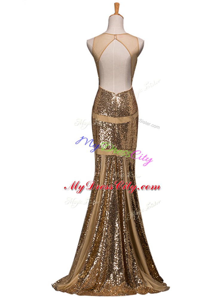 Brown Backless Prom Evening Gown Ruching Sleeveless Sweep Train