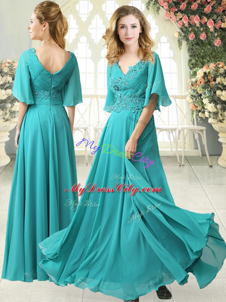 Graceful Sweep Train Empire Aqua Blue V-neck Chiffon Half Sleeves Floor Length Zipper