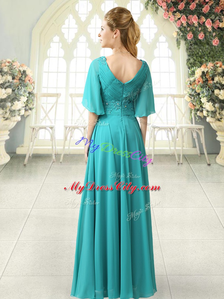 Graceful Sweep Train Empire Aqua Blue V-neck Chiffon Half Sleeves Floor Length Zipper