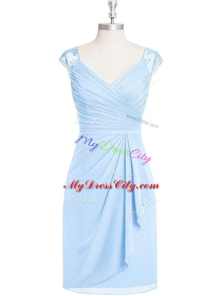 Noble Light Blue Column/Sheath V-neck Cap Sleeves Chiffon Knee Length Zipper Appliques and Ruching Homecoming Dress