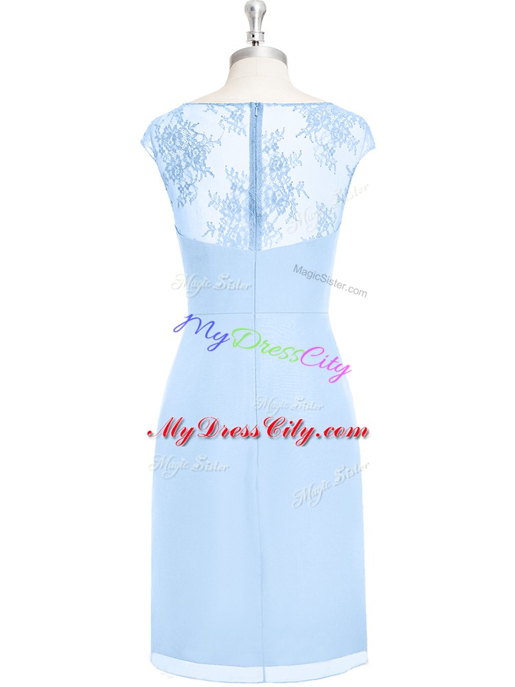 Noble Light Blue Column/Sheath V-neck Cap Sleeves Chiffon Knee Length Zipper Appliques and Ruching Homecoming Dress