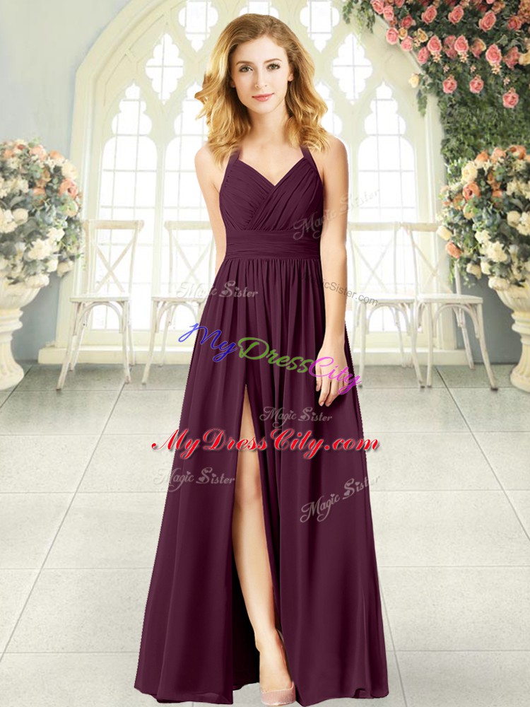 Burgundy Empire Halter Top Sleeveless Chiffon Floor Length Zipper Ruching Prom Party Dress