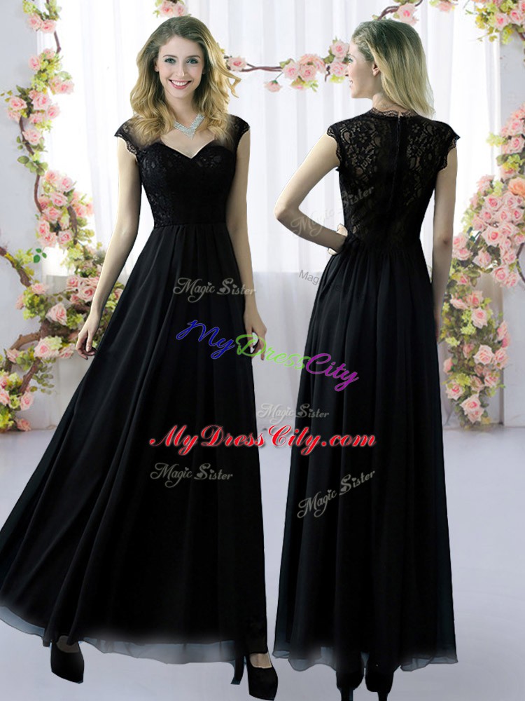 Black Empire V-neck Cap Sleeves Chiffon Floor Length Zipper Lace Quinceanera Dama Dress