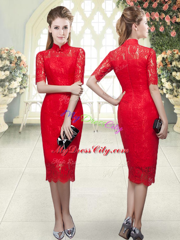 High-neck Half Sleeves Zipper Beading and Lace Evening Dress in Red