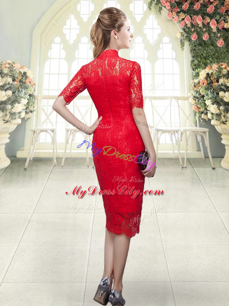 High-neck Half Sleeves Zipper Beading and Lace Evening Dress in Red