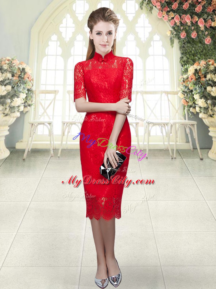 High-neck Half Sleeves Zipper Beading and Lace Evening Dress in Red