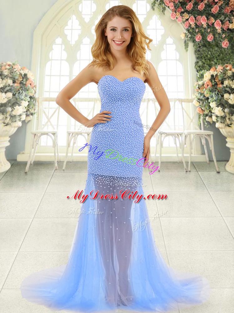 High End Baby Blue Zipper Sweetheart Beading Evening Dress Tulle Sleeveless Brush Train