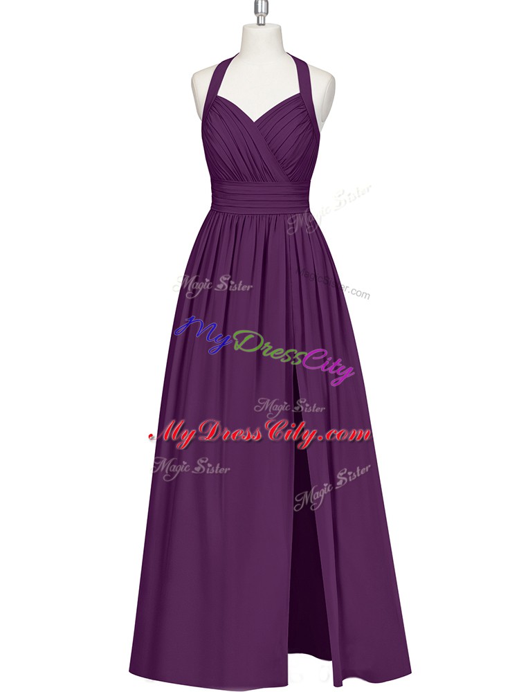 Discount Halter Top Sleeveless Prom Gown Floor Length Ruching Eggplant Purple Chiffon