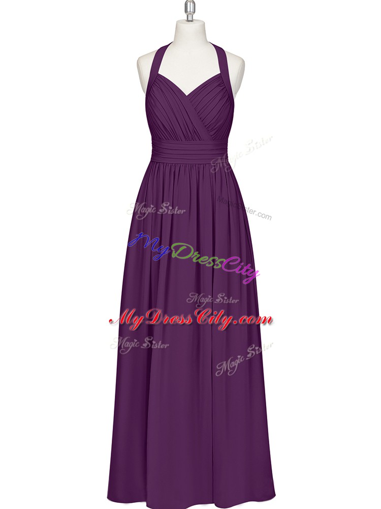 Discount Halter Top Sleeveless Prom Gown Floor Length Ruching Eggplant Purple Chiffon