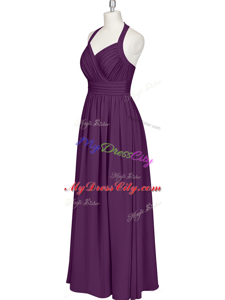 Discount Halter Top Sleeveless Prom Gown Floor Length Ruching Eggplant Purple Chiffon