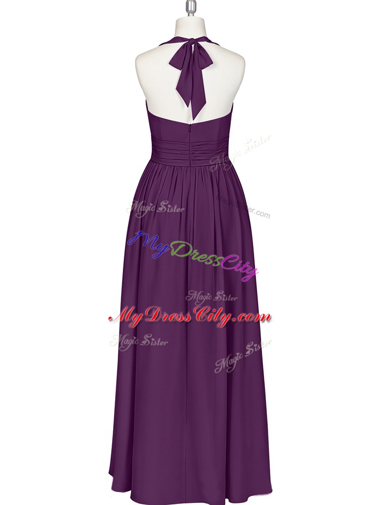 Discount Halter Top Sleeveless Prom Gown Floor Length Ruching Eggplant Purple Chiffon