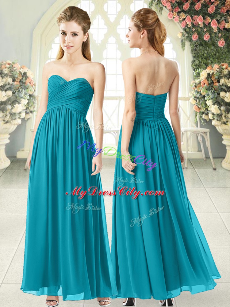 Stylish Ruching Evening Dress Teal Zipper Sleeveless Ankle Length