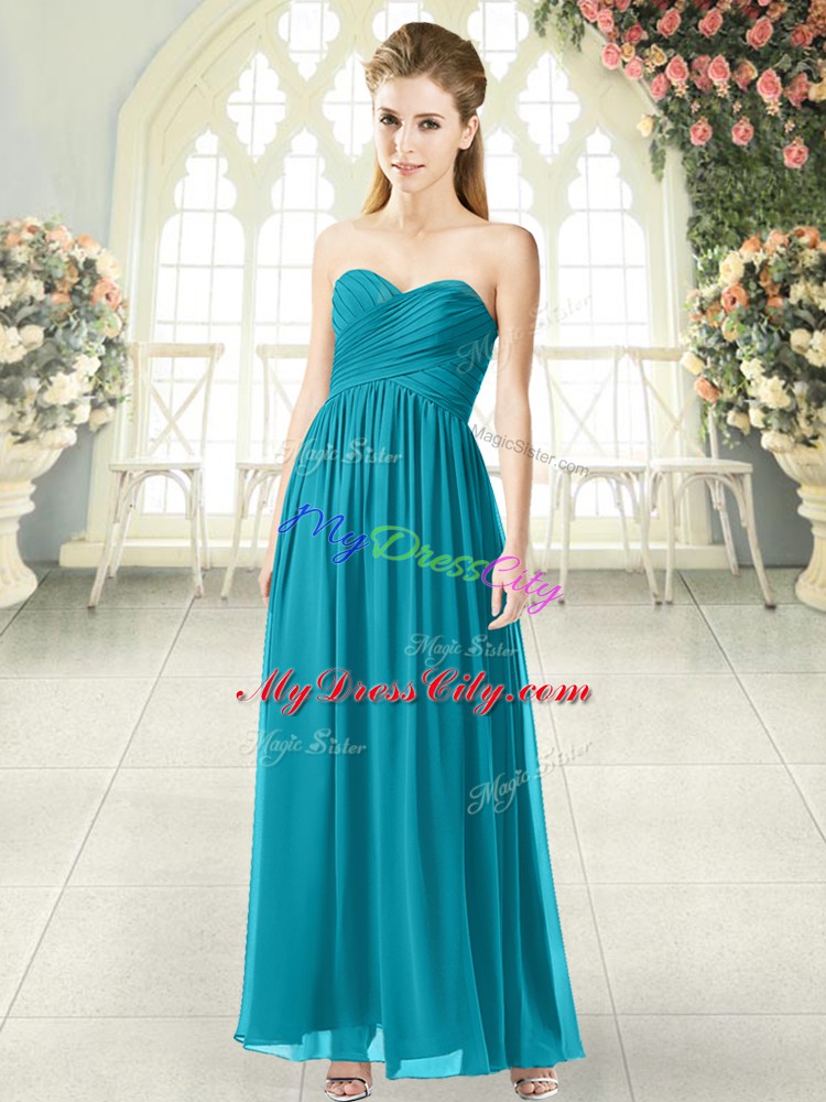 Stylish Ruching Evening Dress Teal Zipper Sleeveless Ankle Length