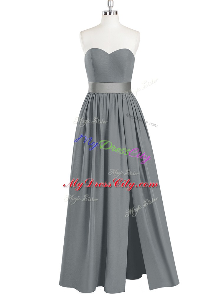 Ideal Grey Chiffon Zipper Prom Party Dress Sleeveless Floor Length Belt