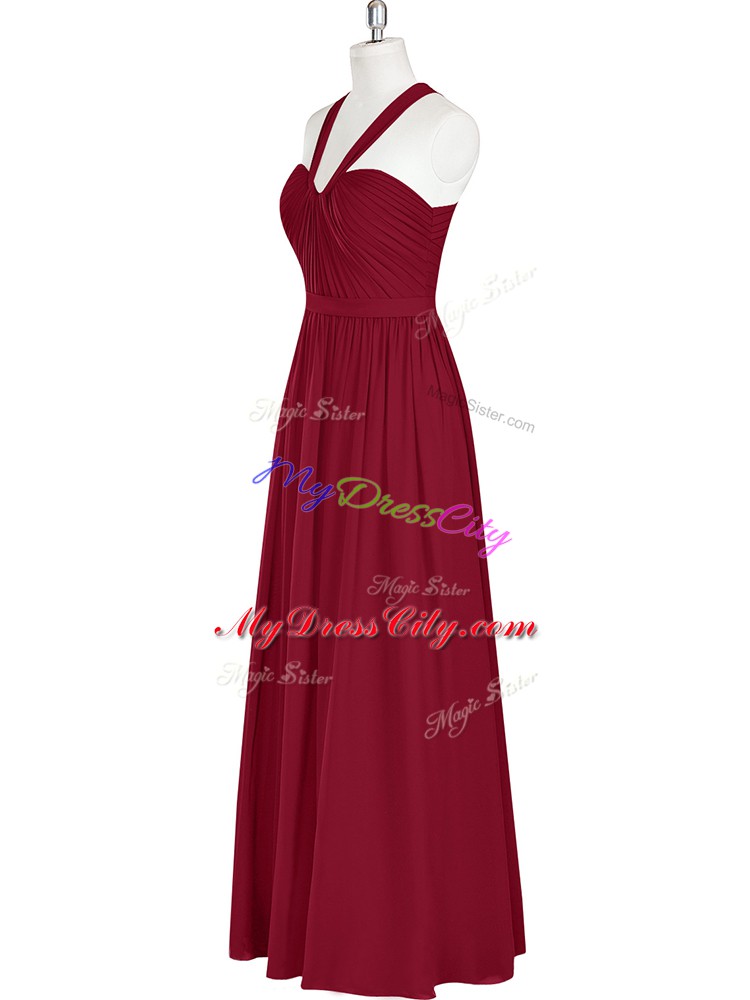 Burgundy Empire Chiffon Halter Top Sleeveless Ruching Floor Length Zipper Prom Dresses