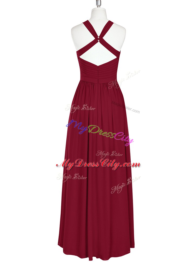 Burgundy Empire Chiffon Halter Top Sleeveless Ruching Floor Length Zipper Prom Dresses