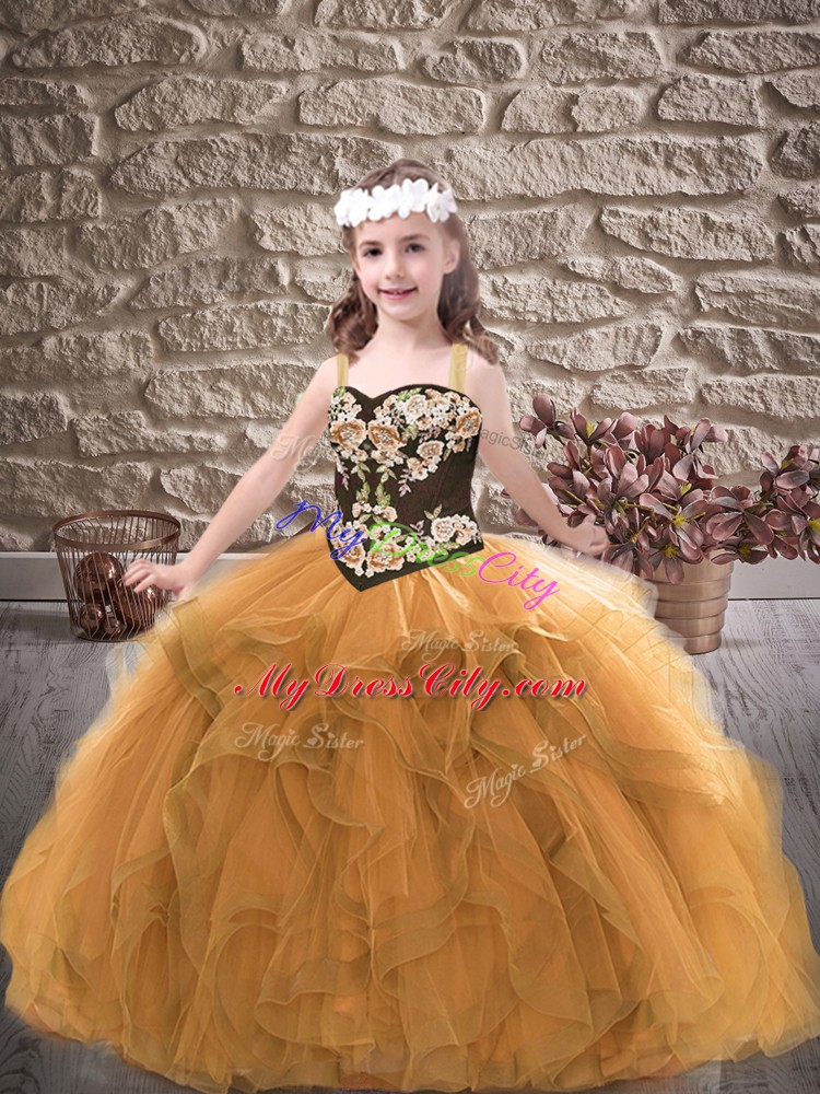 Ball Gowns Pageant Dress Toddler Gold Straps Tulle Sleeveless Floor Length Lace Up