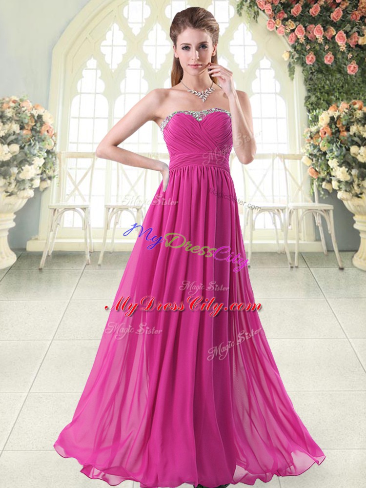 Fuchsia Chiffon Zipper Sweetheart Sleeveless Floor Length Homecoming Dress Beading