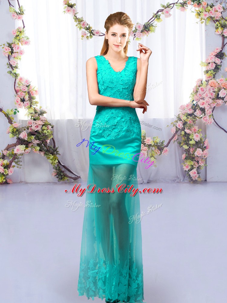 Cheap Floor Length Turquoise Dama Dress V-neck Sleeveless Lace Up