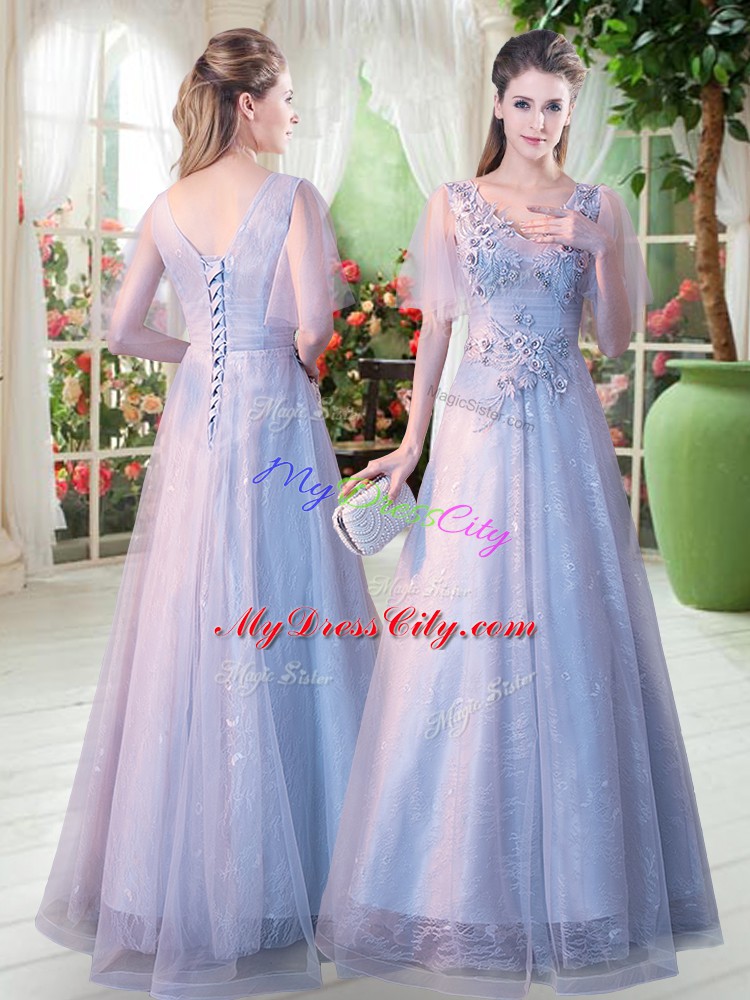 A-line Prom Dresses Grey V-neck Tulle Short Sleeves Floor Length Lace Up