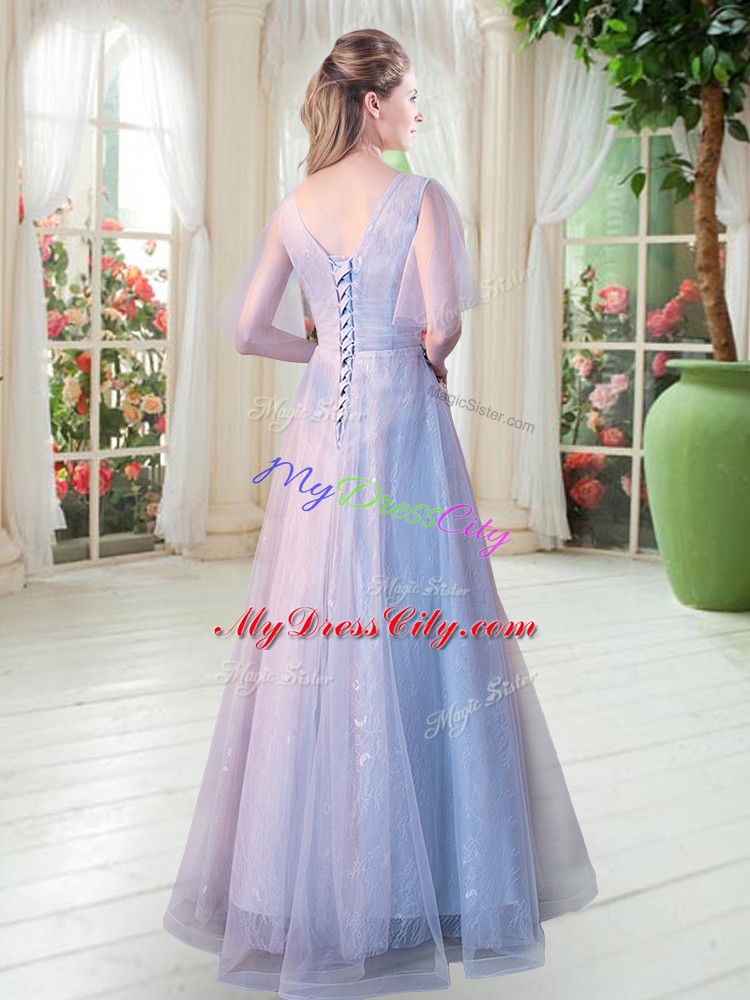 A-line Prom Dresses Grey V-neck Tulle Short Sleeves Floor Length Lace Up