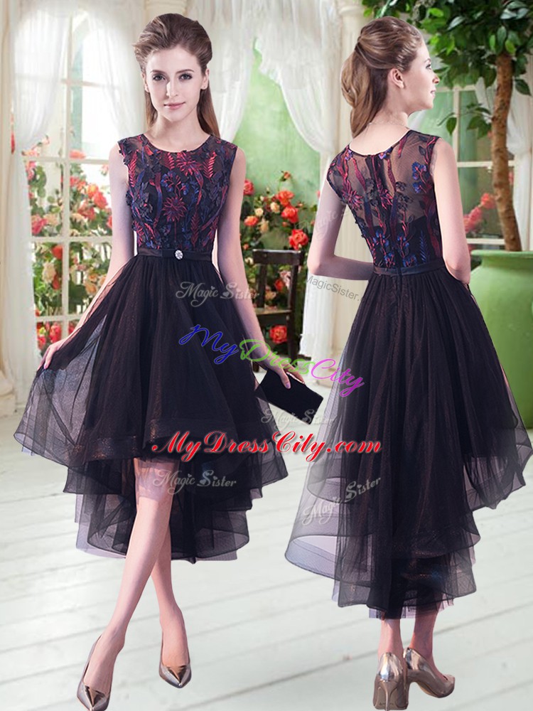 Dynamic Black A-line Tulle Scoop Sleeveless Appliques High Low Zipper Prom Evening Gown