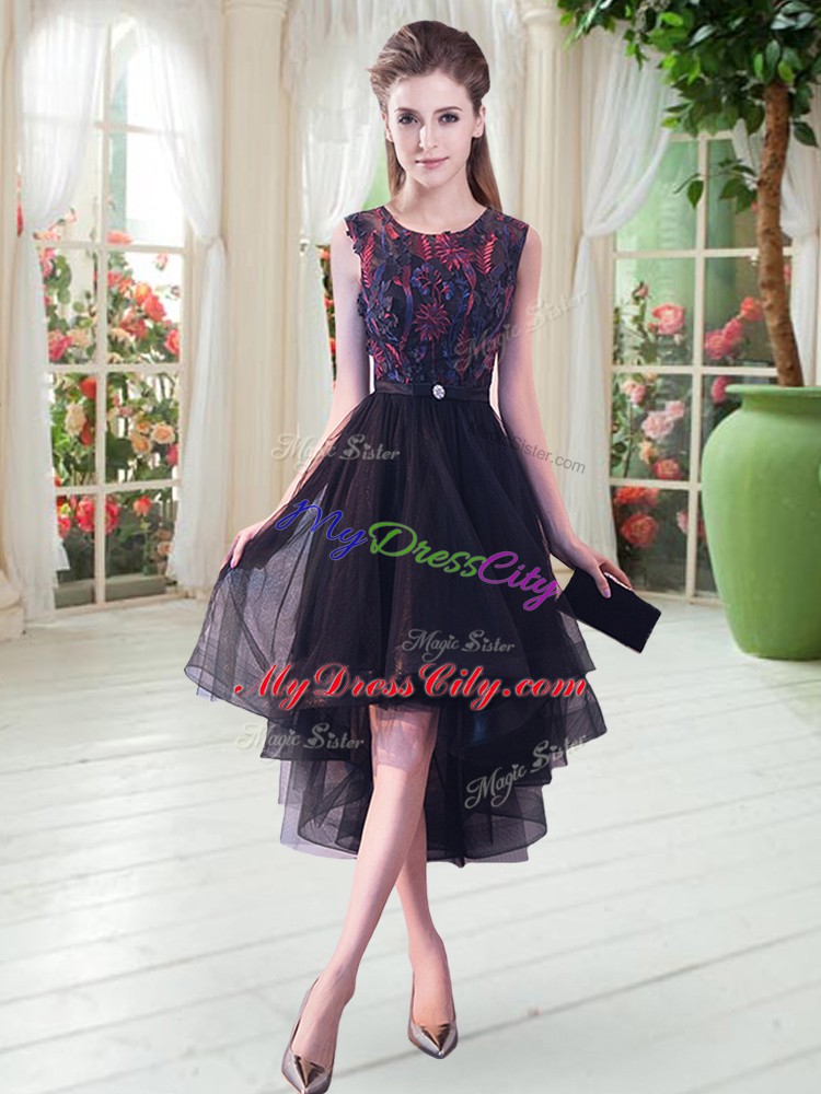 Dynamic Black A-line Tulle Scoop Sleeveless Appliques High Low Zipper Prom Evening Gown