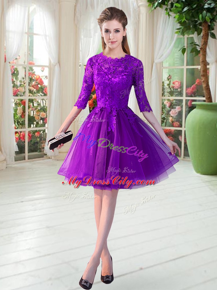 Fashionable Purple Half Sleeves Tulle Zipper Dress for Prom for Prom and Party