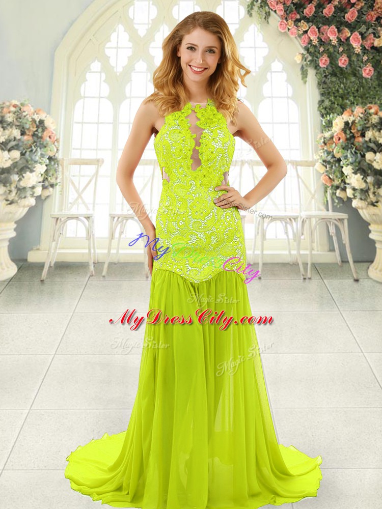 Yellow Green Scoop Backless Lace Dress for Prom Brush Train Sleeveless