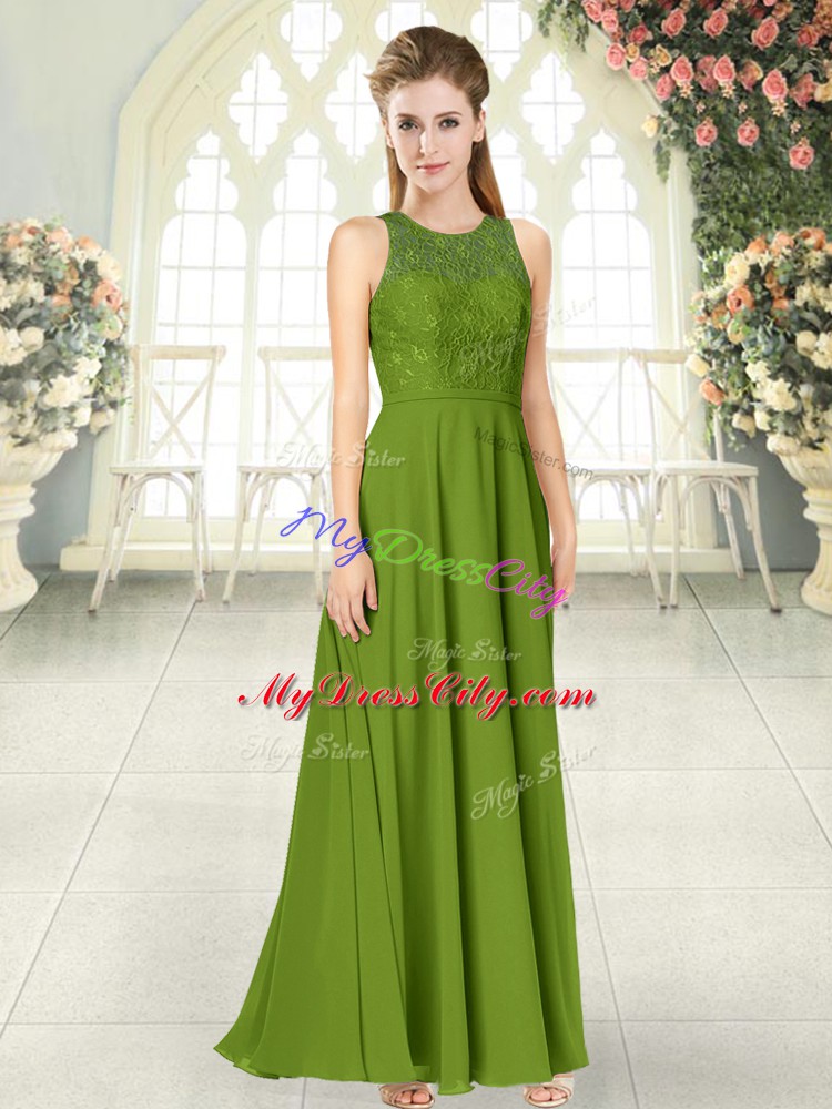 Glittering Olive Green Sleeveless Lace Floor Length Going Out Dresses