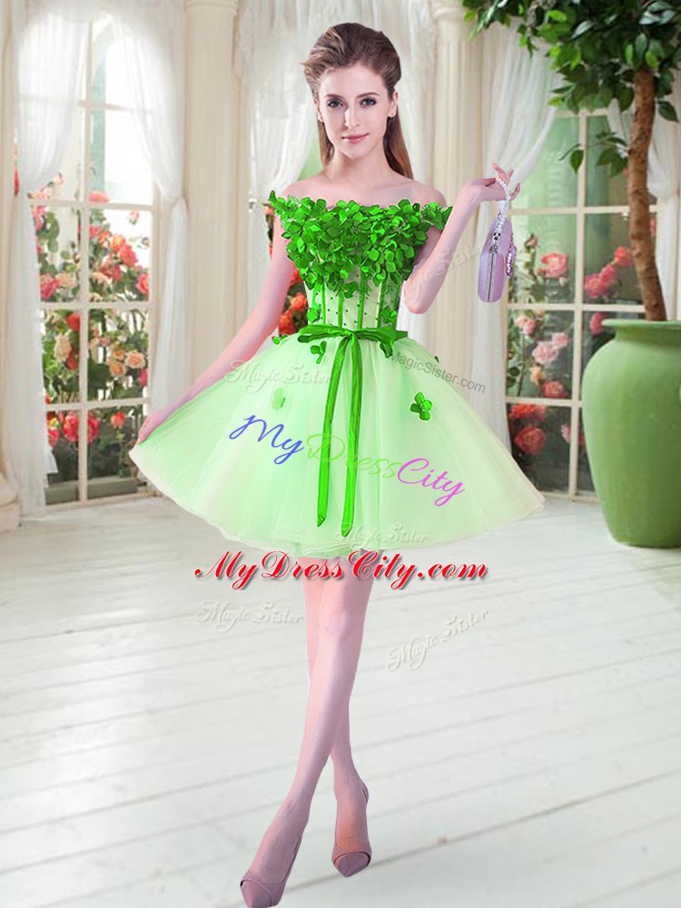 Apple Green Off The Shoulder Lace Up Beading and Appliques Evening Dress Sleeveless