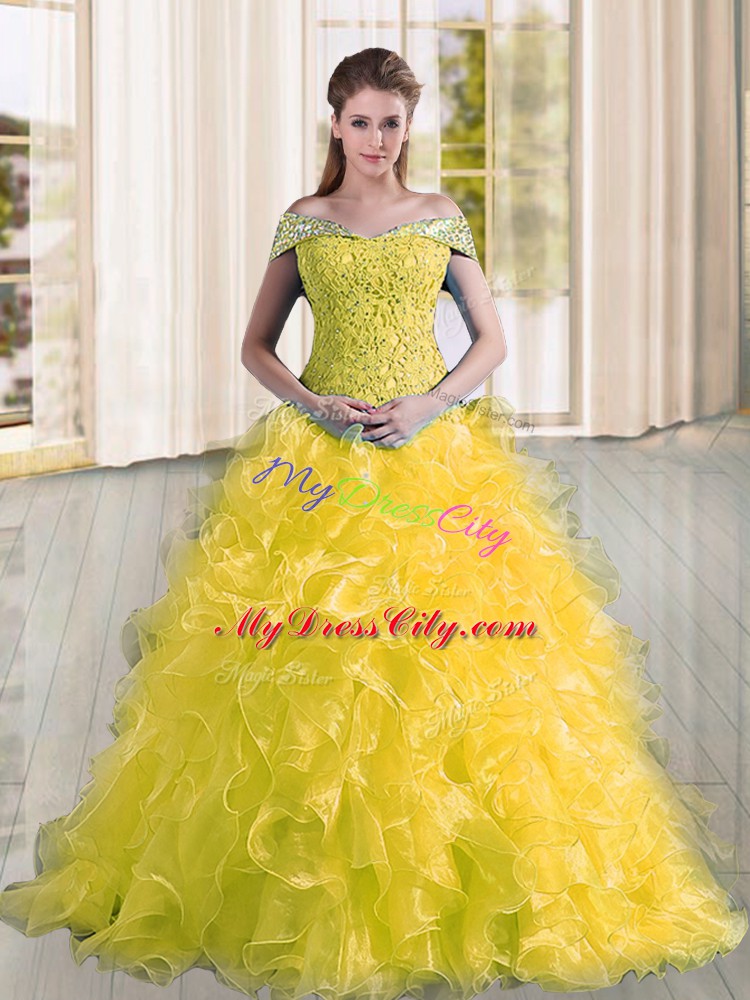 Fantastic Yellow Sleeveless Beading and Lace and Ruffles Lace Up Quinceanera Gowns