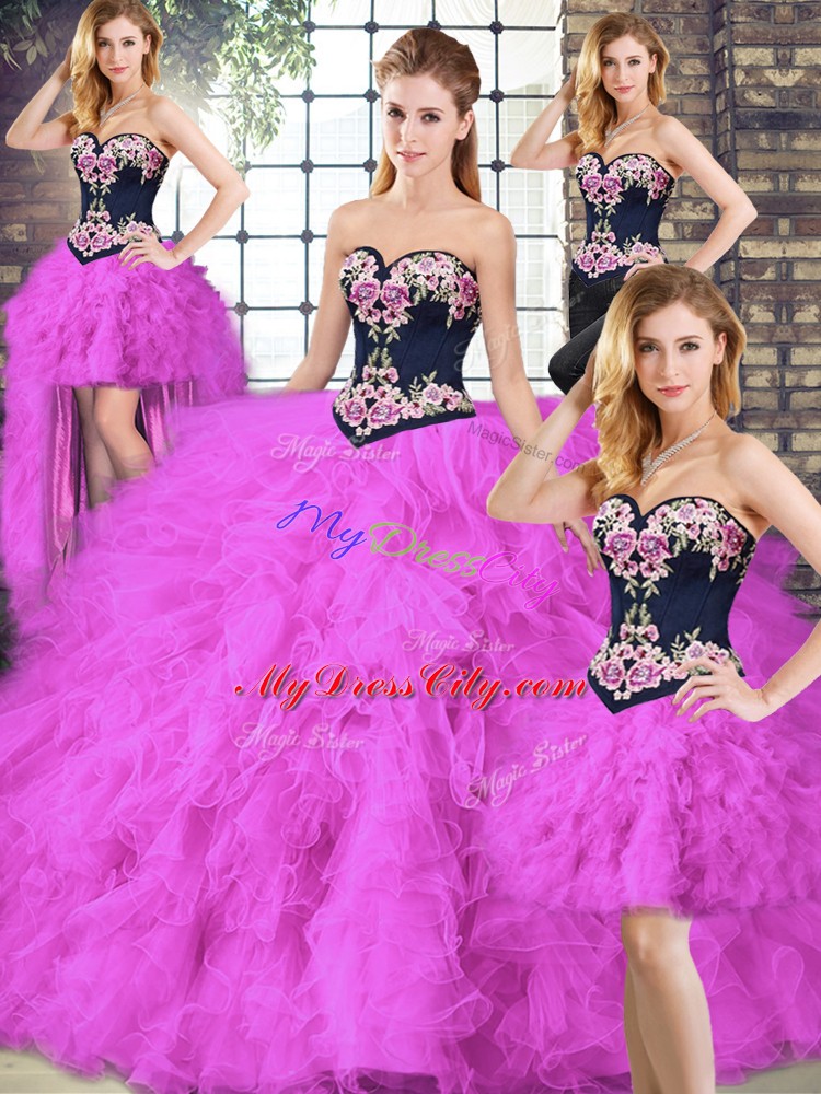 Custom Design Fuchsia Lace Up Sweetheart Beading and Embroidery Quinceanera Gown Tulle Sleeveless