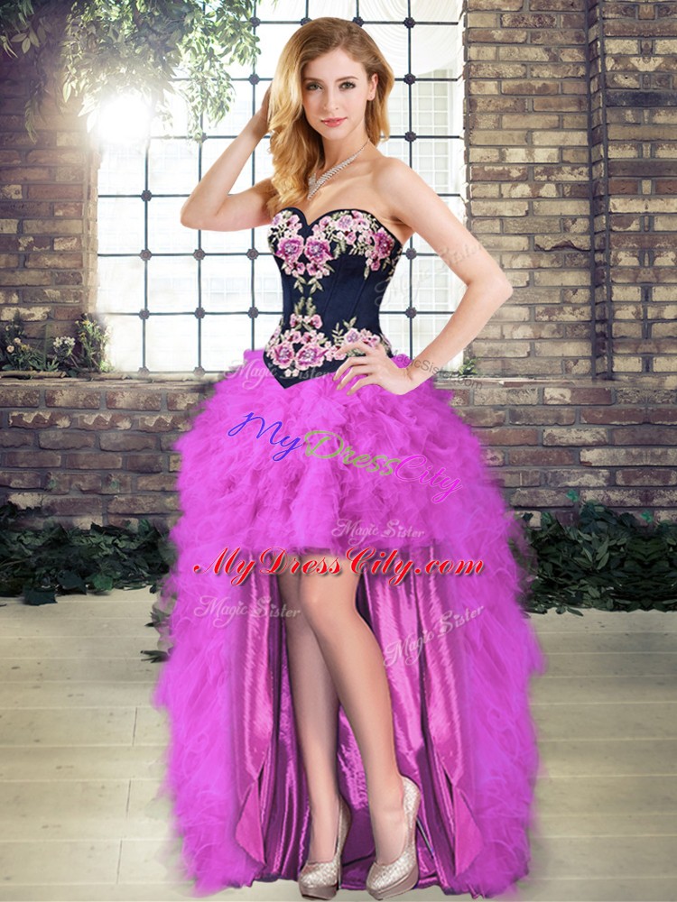 Custom Design Fuchsia Lace Up Sweetheart Beading and Embroidery Quinceanera Gown Tulle Sleeveless