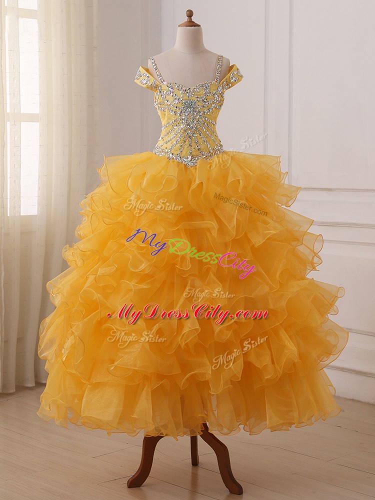 Hot Sale Floor Length Gold High School Pageant Dress Organza Sleeveless Beading and Ruffled Layers