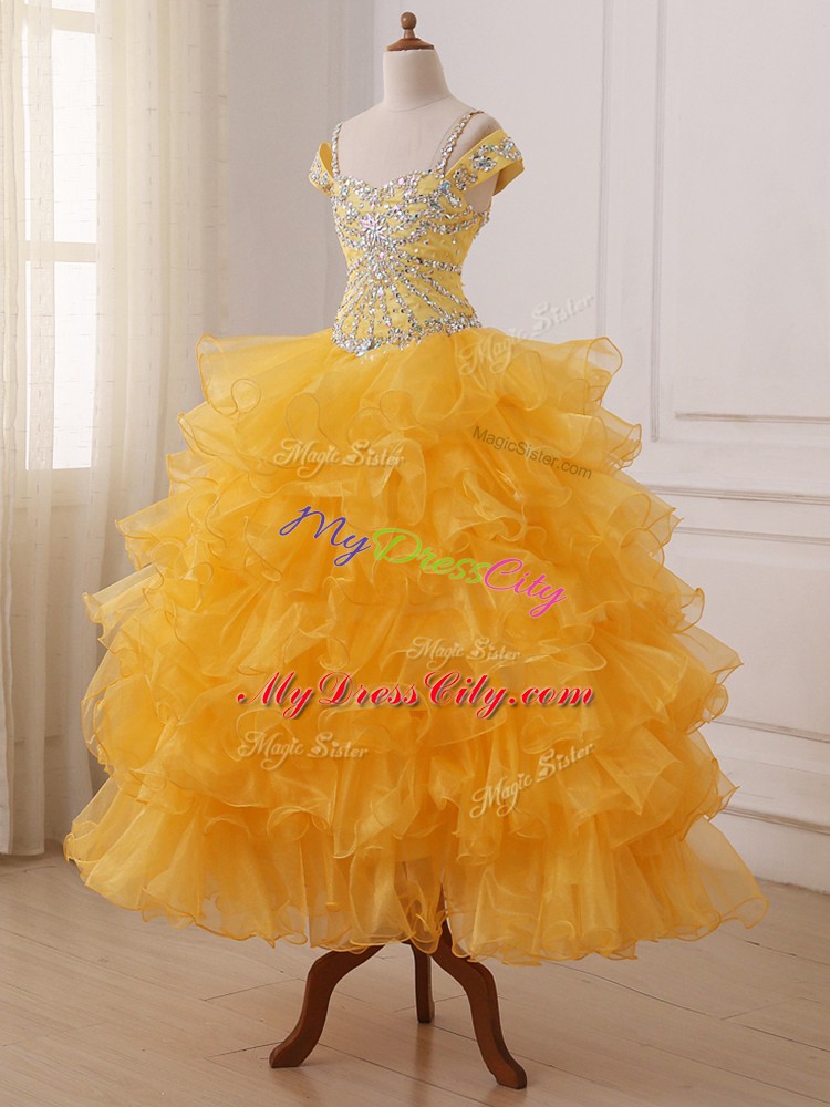 Hot Sale Floor Length Gold High School Pageant Dress Organza Sleeveless Beading and Ruffled Layers