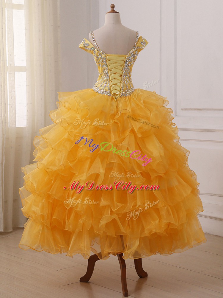 Hot Sale Floor Length Gold High School Pageant Dress Organza Sleeveless Beading and Ruffled Layers