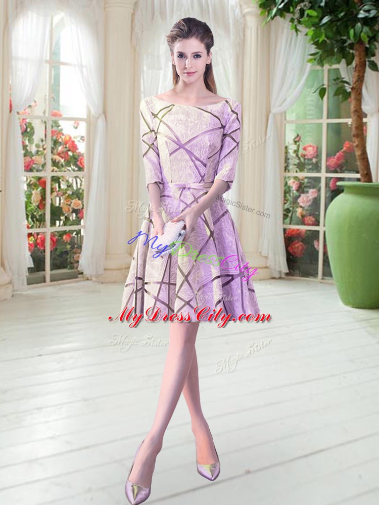 Lilac Half Sleeves Ruching Knee Length