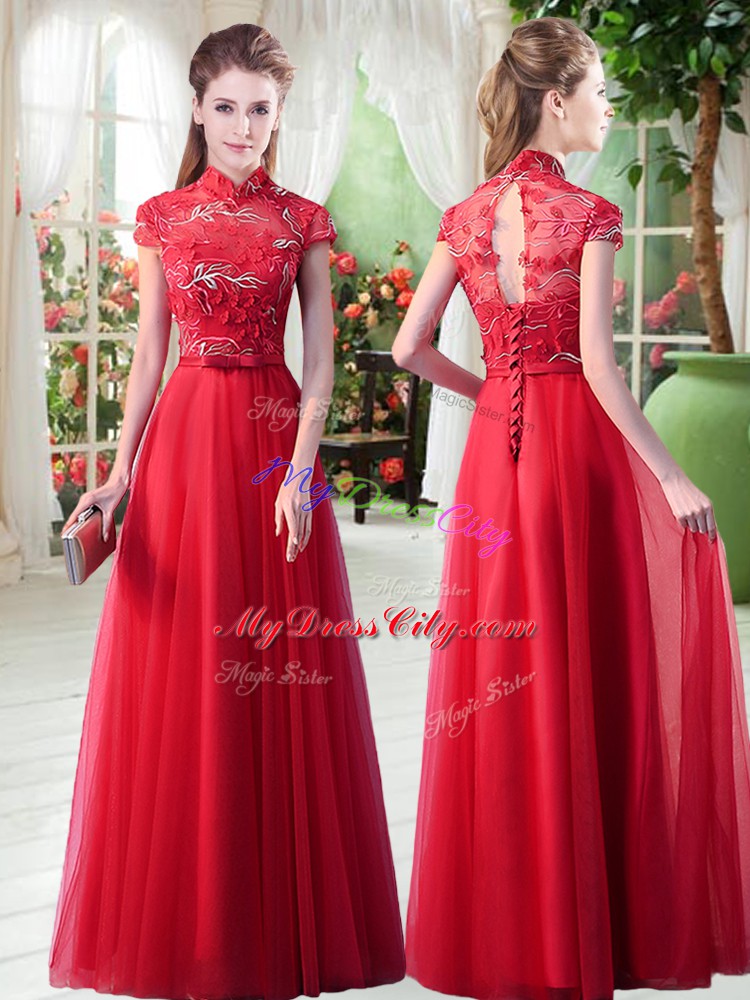 Dynamic Red A-line Tulle High-neck Cap Sleeves Appliques Floor Length Lace Up Prom Evening Gown