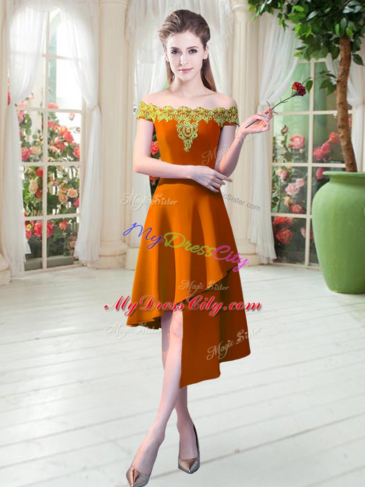 Orange Satin Zipper Off The Shoulder Sleeveless Asymmetrical Evening Dress Appliques